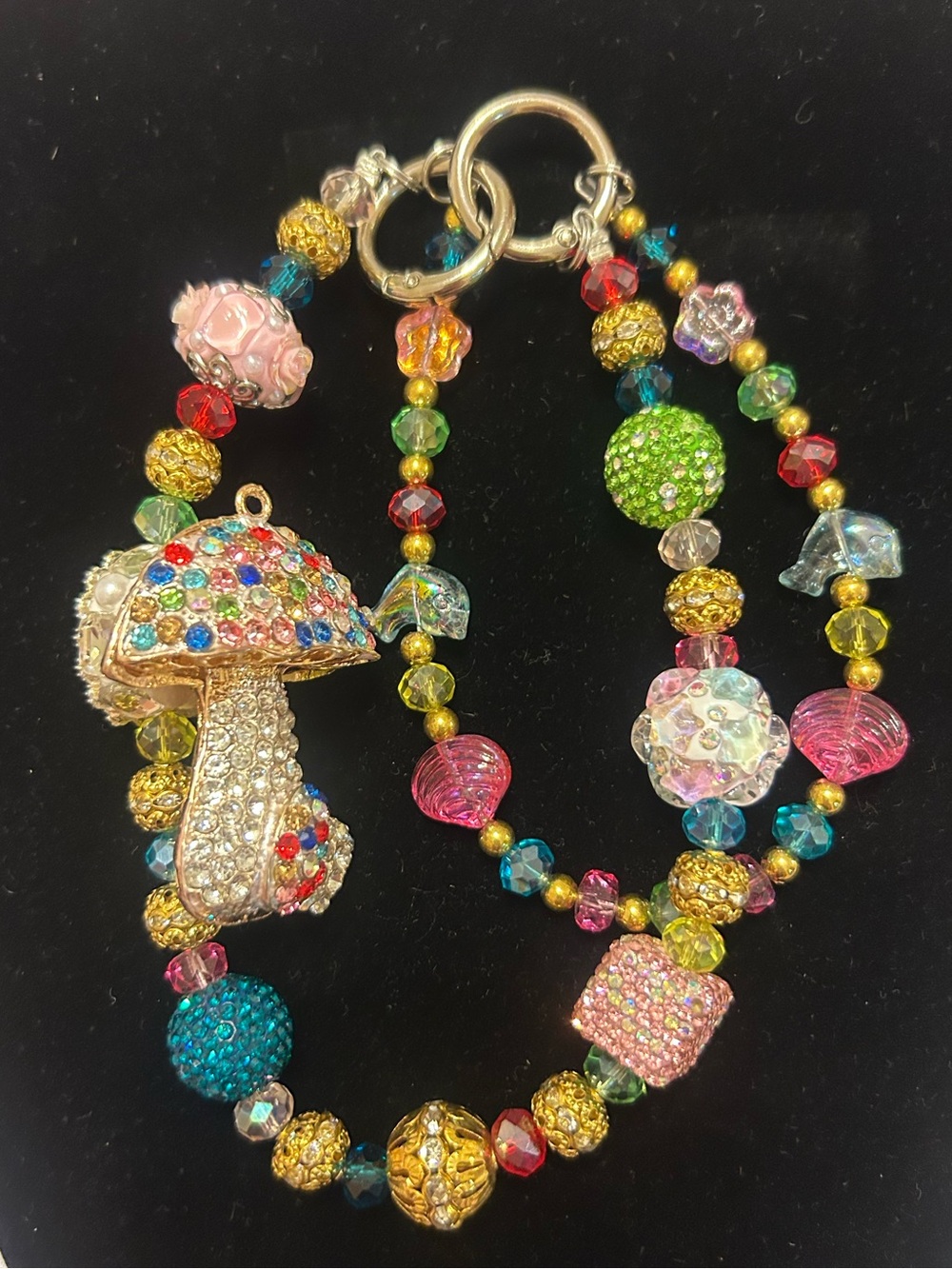 Colorful Rhinestone Mushroom Beaded Bag Charm Keychain Maximalist
